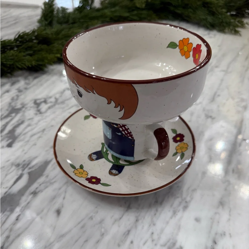Vintage 1970s Fred Roberts Ceramic Farmer Boy Bowl, Mug, and Saucer Set - Picture 6 of 8